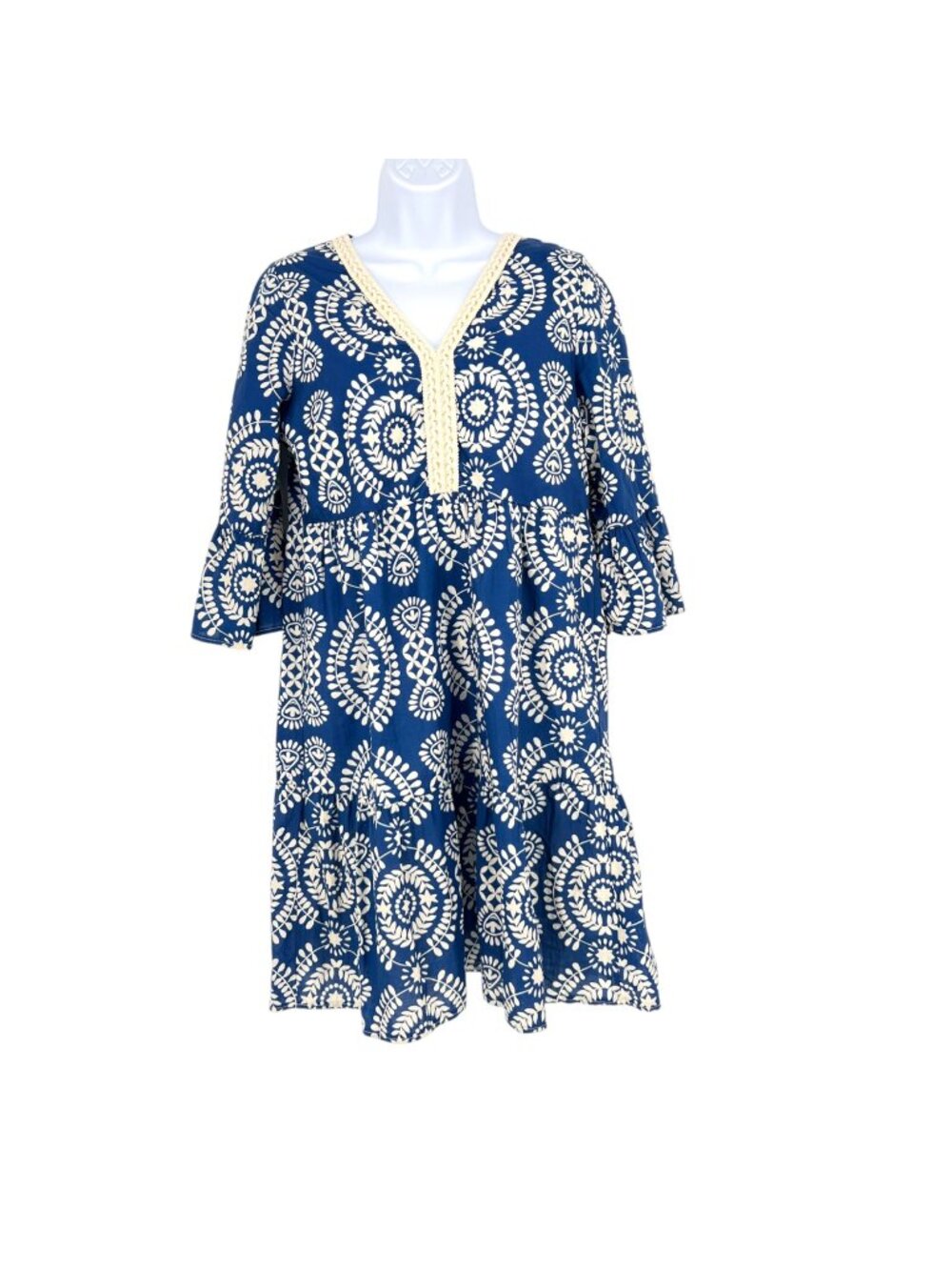 Saiph Lab Santorini Cotton Bell Sleeve Dress Blue White Size Small